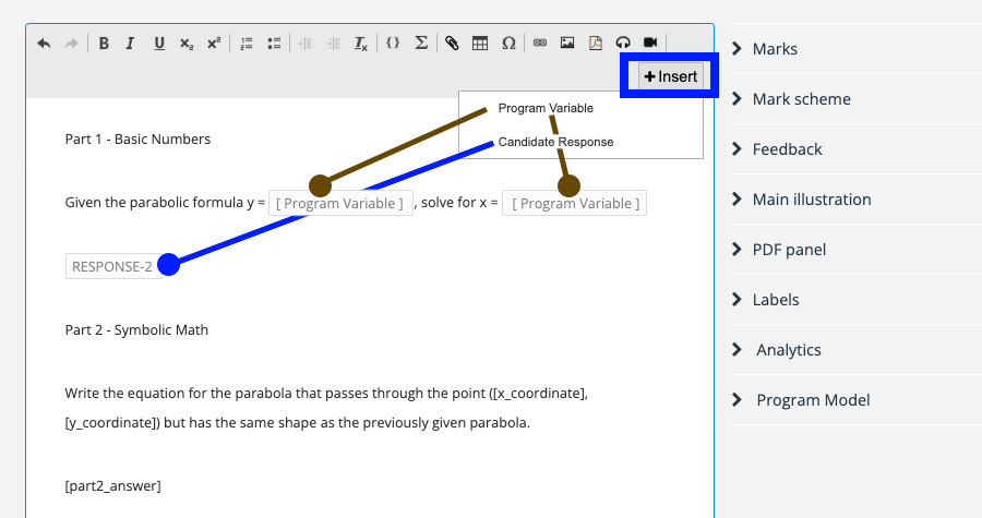 The question editor interface when inserting a candidate response and program variables.