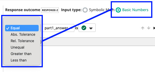 Interface for selecting response outcome input types for Basic Numbers.