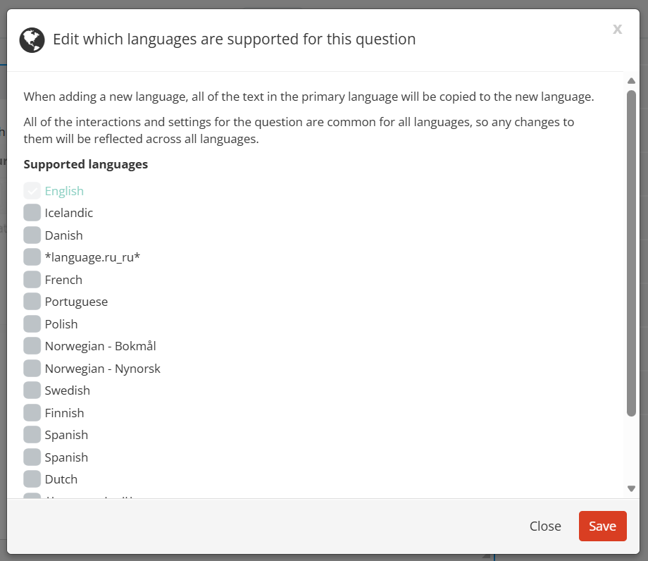 List of supported languages