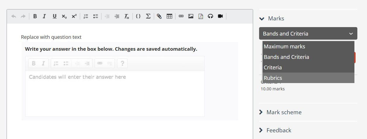 Question editor view of the marks option set to Rubrics.