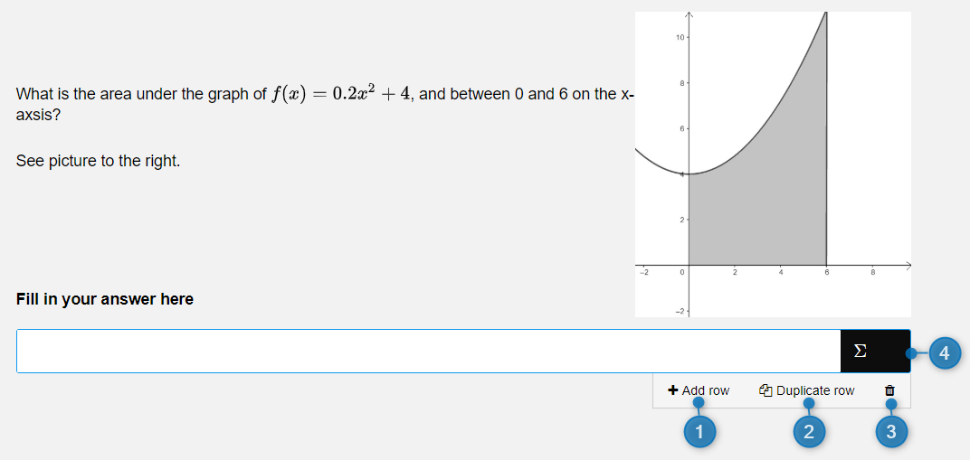 Grensesnitt som viser ikoner for å legge til, duplisere og slette utregningsrader, samt sigma-knappen for å åpne matematikkpaletten.
