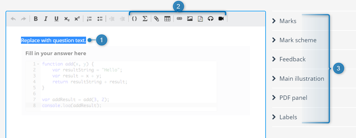 Grensesnittet for programmeringsoppgaver, som viser tekstfeltet, verktøylinjen og panelet for generelle valg.