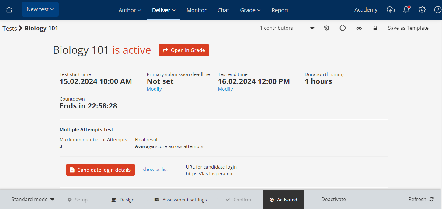 Summary page after test activation