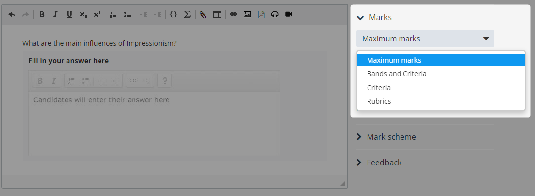 Question options settings: Marks.