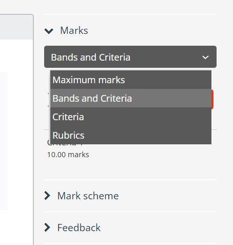 Question editor view of the marking option set to Bands and Criteria..