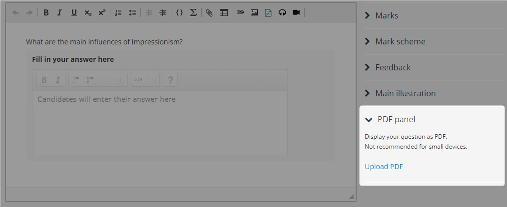 Question options settings: PDF panel