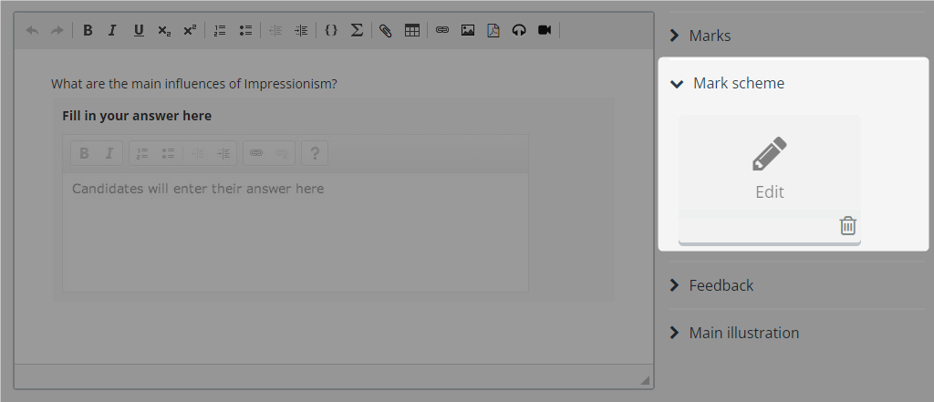Question options settings: Mark scheme