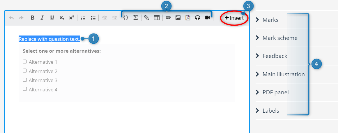 Gränssnittet för uppgiftseditorn, som visar textrutan, verktygsfältet och panelen för generella inställningar.