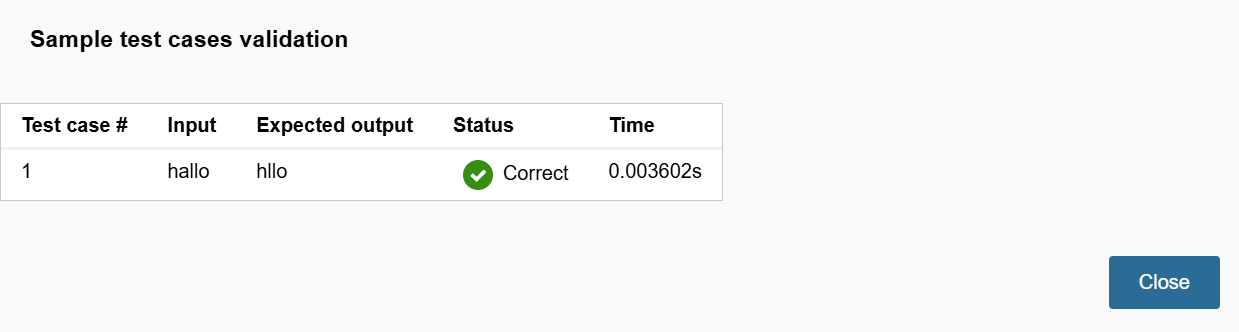 Valideringsvisning av test cases for kandidater.