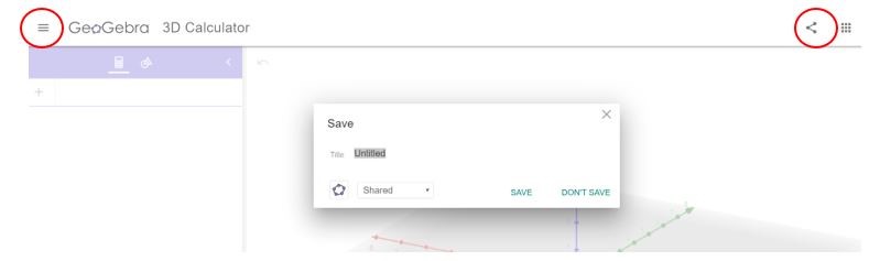 Screenshot of the GeoGebra interface highlighting two ways to save a file: the 'Save' option within the GeoGebra menu and the 'Upload' button in the user profile area.