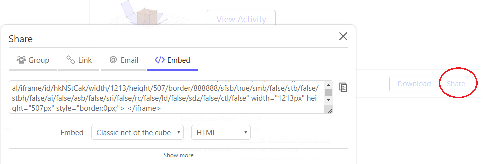 The Share menu in GeoGebra with the 'Embed' option selected. A text box contains the HTML embed code ready to be copied.