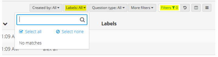 Author module interface showing the filter panel with the Labels dropdown menu active.