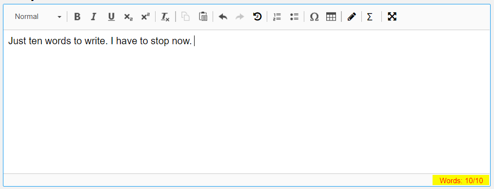 Live word count indicator in the bottom corner of the essay area.