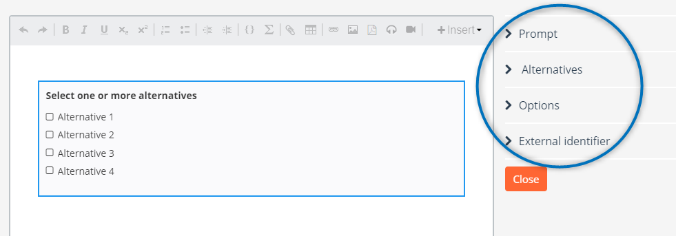 The specific options for the question type.