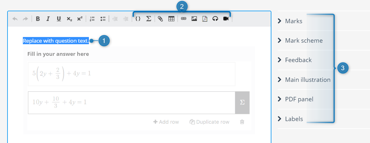 The Math Working question editor interface, showing the text box, the toolbar and the general options panel.