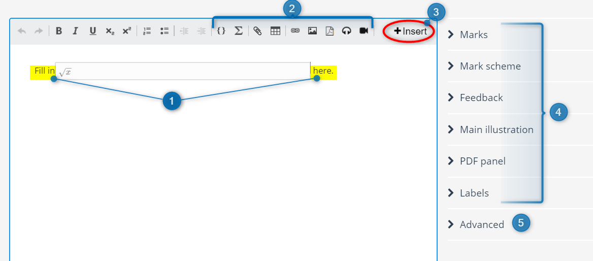 The question editor interface, showing the question text, the toolbar and the general options panel.