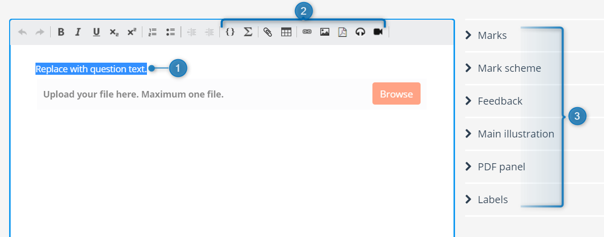 The Upload Assignment question editor interface, showing the text box, the toolbar and the general options panel.
