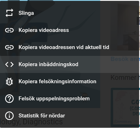 Högerklicksmenyn på en YouTube-video med alternativet 'Kopiera inbäddningskod' markerat.
