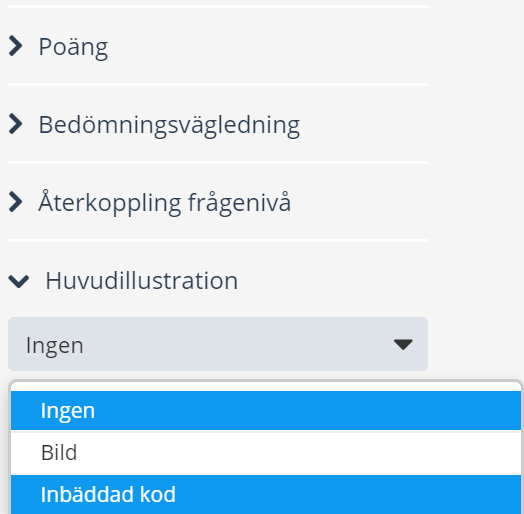 Rullgardinsmenyn för inställningar av Huvudillustration med alternativet 'Inbäddningskod' valt.