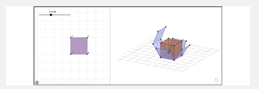 n interactive GeoGebra 3D model showing a slider being adjusted to change the dimensions and surface of a cube.