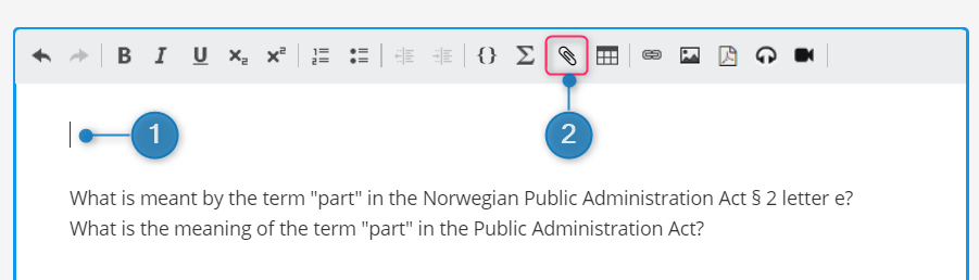 Question text area and toolbar, highlighting the paper clip icon used to insert a file into the question content.