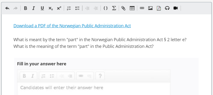 The inserted file name displayed as a hyperlink download link within the question content.