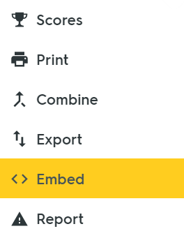 An options menu layout highlighting the 'Embed' option to retrieve the integration code.