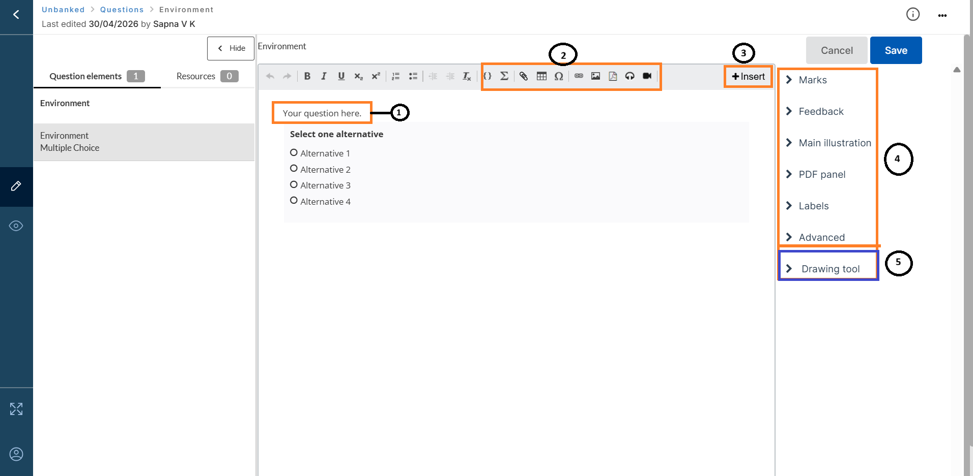 Gränssnittet för flervalsfrågor som visar textfältet, verktygsfältet och panelen för generella inställningar.